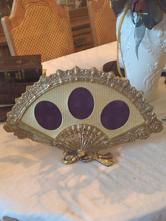 Other - Vintage Solid Brass Fan Picture Frame | Ornate Victorian Vanity Decor | 3 Photo